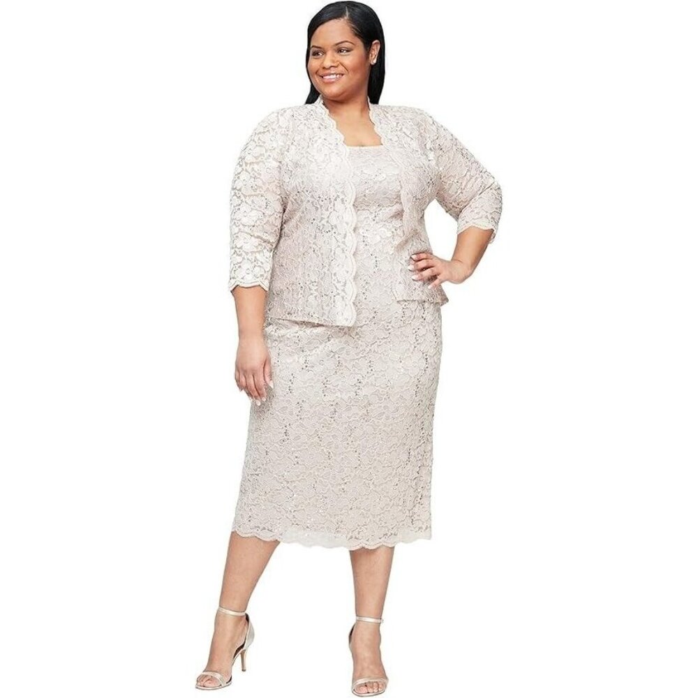 SL Fashions Plus Size 2-Pc. Lace Jacket & Sheath Dress Set Women's 16W Champagne